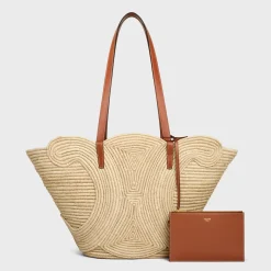 CELINE CLASSIC PANIER MEDIUM BRAIDED TRIOMPHE in RAFFIA and CALFSKIN