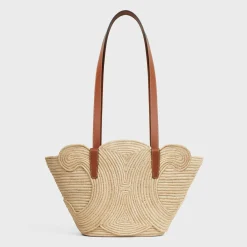 CELINE CLASSIC PANIER SMALL BRAIDED TRIOMPHE in RAFFIA and CALFSKIN