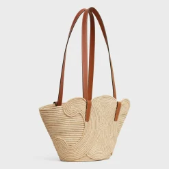 CELINE CLASSIC PANIER SMALL BRAIDED TRIOMPHE in RAFFIA and CALFSKIN