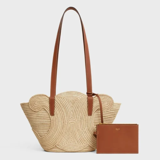 CELINE CLASSIC PANIER SMALL BRAIDED TRIOMPHE in RAFFIA and CALFSKIN