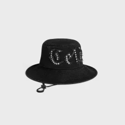 celine gothic bucket hat with drawstring in rigid cotton