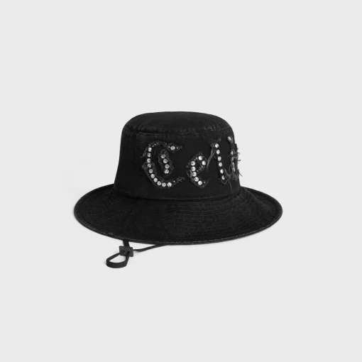 celine gothic bucket hat with drawstring in rigid cotton