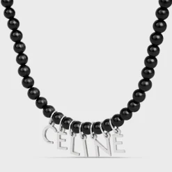 Celine Monochroms Beads Necklace in Onyx and Brass with Rhodium Finish