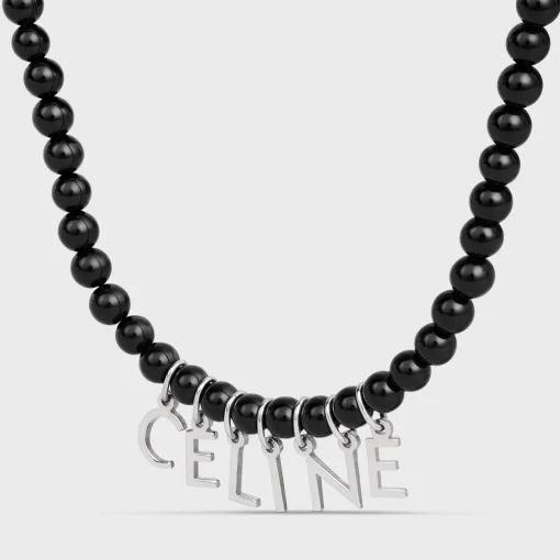 Celine Monochroms Beads Necklace in Onyx and Brass with Rhodium Finish