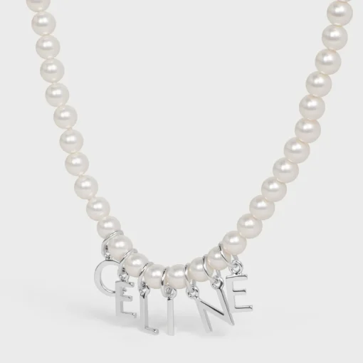 Celine Monochroms Necklace in Glass Pearls and Brass with Rhodium Finish