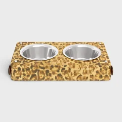 Dog bowl in lambskin with Triomphe canvas with leopard print
