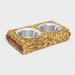 Dog bowl in lambskin with Triomphe canvas with leopard print