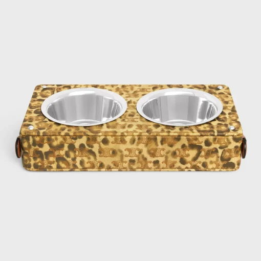 Dog bowl in lambskin with Triomphe canvas with leopard print