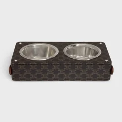 Double Dog Bowl in Nappa Lambskin with Triomphe Canvas Print and Calfskin