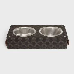 Double Dog Bowl in Nappa Lambskin with Triomphe Canvas Print and Calfskin