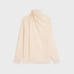 draped neck blouse with rhinestones in lightweight sablé