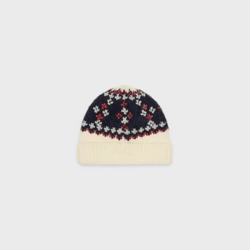 embroidered beanie in fair isle wool