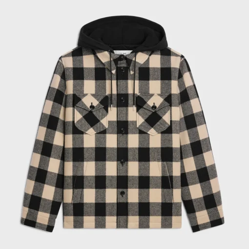 hooded overshirt in check wool