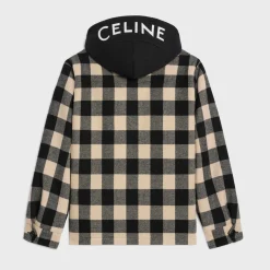 hooded overshirt in check wool