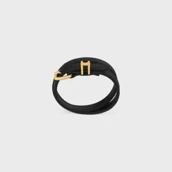 Les Cuirs Celine Double Bracelet in Lizard, Calfskin and Brass with Gold Finish