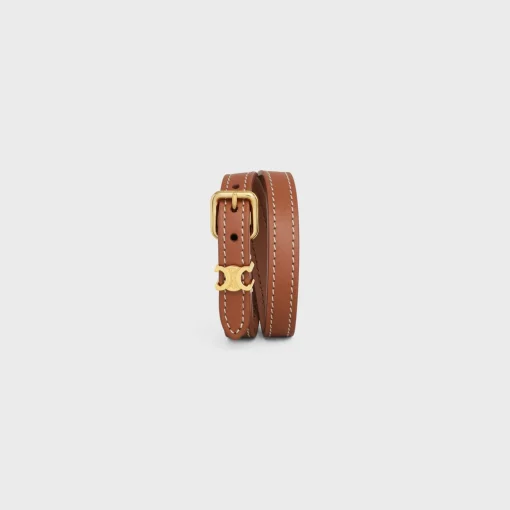 Les Cuirs Celine Double Bracelet in Calfskin and Brass with Gold Finish