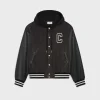 loose celine teddy jacket in charcoal wash denim