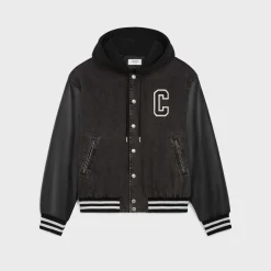 loose celine teddy jacket in charcoal wash denim