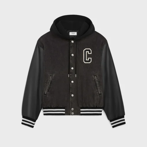 loose celine teddy jacket in charcoal wash denim