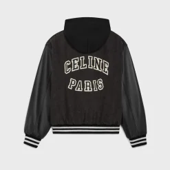 loose celine teddy jacket in charcoal wash denim