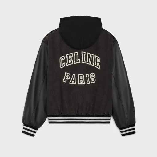 loose celine teddy jacket in charcoal wash denim