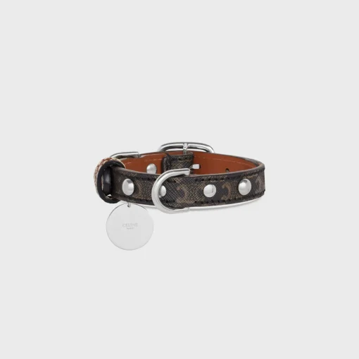 Nano Extra Thin Dog Collar in Triomphe Canvas and Calfskin with studs