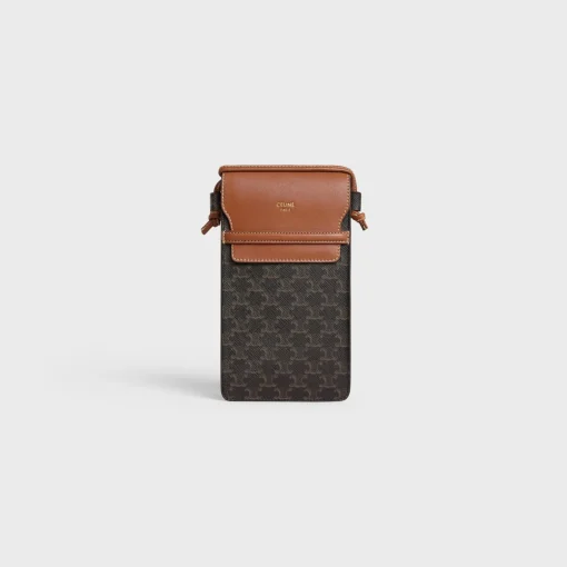 PHONE POUCH WITH FLAP in Triomphe Canvas and Lambskin