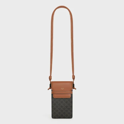 PHONE POUCH WITH FLAP in Triomphe Canvas and Lambskin