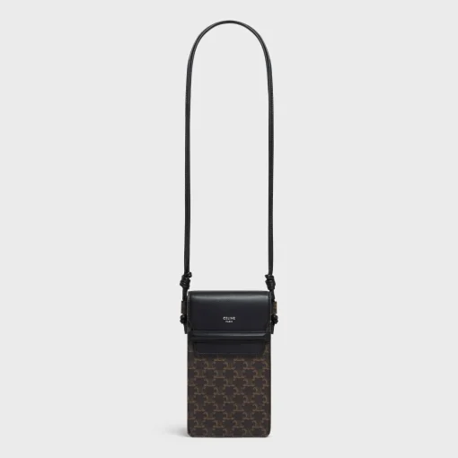 PHONE POUCH WITH FLAP in Triomphe Canvas and Lambskin