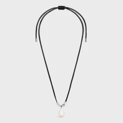 San Onofre Baroque Pearl Necklace in Cultured Pearl, Cotton and Brass with Rhodium Finish
