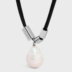 San Onofre Baroque Pearl Necklace in Cultured Pearl, Cotton and Brass with Rhodium Finish