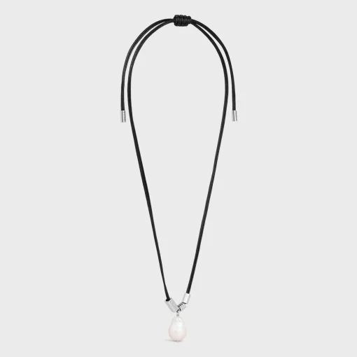 San Onofre Baroque Pearl Necklace in Cultured Pearl, Cotton and Brass with Rhodium Finish