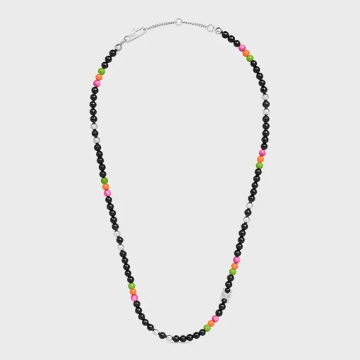 San Onofre Triomphe Necklace in Onyx, Glass Pearls and Brass with Rhodium Finish
