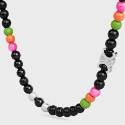 San Onofre Triomphe Necklace in Onyx, Glass Pearls and Brass with Rhodium Finish