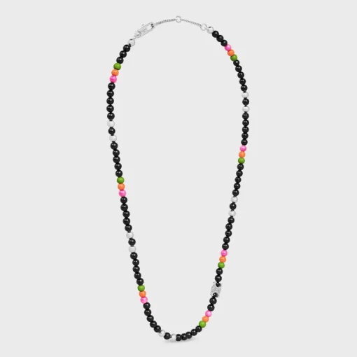 San Onofre Triomphe Necklace in Onyx, Glass Pearls and Brass with Rhodium Finish