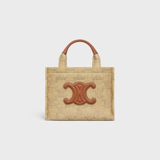 small cabas thais in raffia effect textile with triomphe jacquard