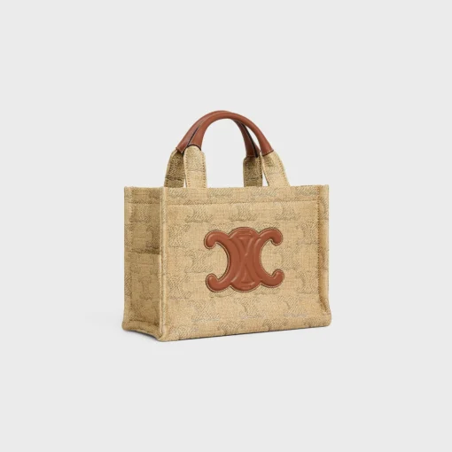 small cabas thais in raffia effect textile with triomphe jacquard