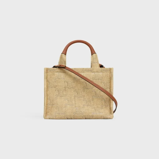 small cabas thais in raffia effect textile with triomphe jacquard
