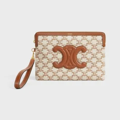SMALL POUCH WITH STRAP in TEXTILE WITH TRIOMPHE PRINT AND CALFSKIN