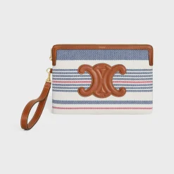 SMALL POUCH WITH STRAP in STRIPED TEXTILE AND CALFSKIN