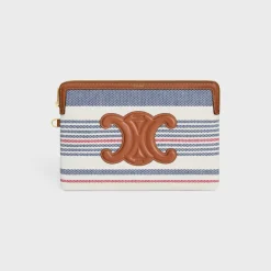 SMALL POUCH WITH STRAP in STRIPED TEXTILE AND CALFSKIN