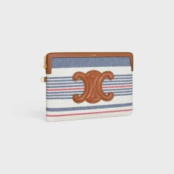 SMALL POUCH WITH STRAP in STRIPED TEXTILE AND CALFSKIN