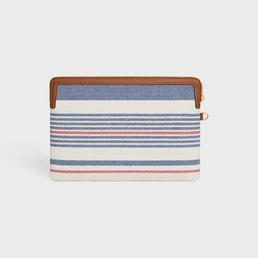 SMALL POUCH WITH STRAP in STRIPED TEXTILE AND CALFSKIN