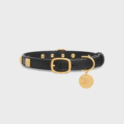 Thin Medium Dog Collar in smooth Calfskin with pyramid studs