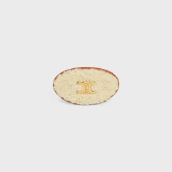 Triomphe Hair Clip in Shearling, Calfskin, Brass with Gold Finish and Steel