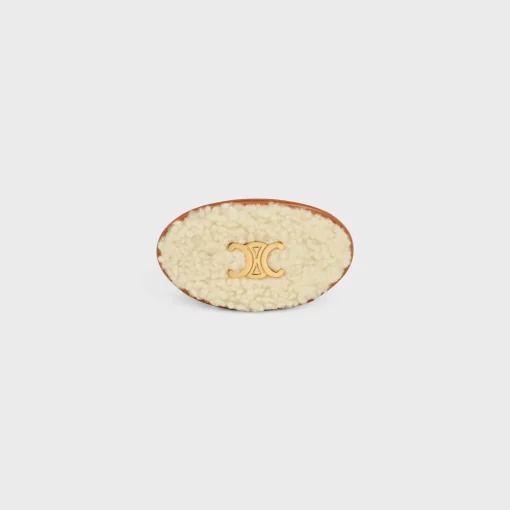 Triomphe Hair Clip in Shearling, Calfskin, Brass with Gold Finish and Steel