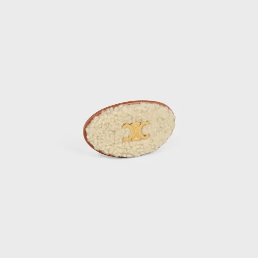 Triomphe Hair Clip in Shearling, Calfskin, Brass with Gold Finish and Steel
