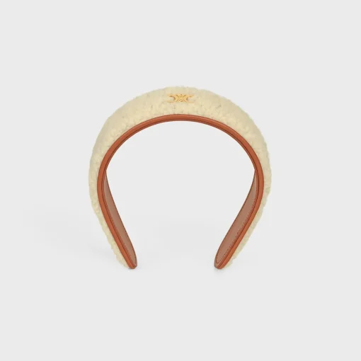 Triomphe Headband in Shearling, Calfskin and Brass with Gold Finish