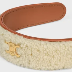 Triomphe Headband in Shearling, Calfskin and Brass with Gold Finish