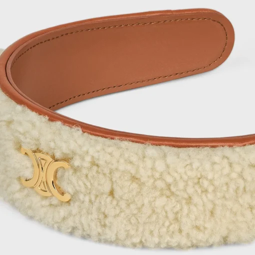 Triomphe Headband in Shearling, Calfskin and Brass with Gold Finish